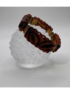 Vintage Carved Bakelite Link Bracelet Burnt Orange Hand Painted Black 1930’s